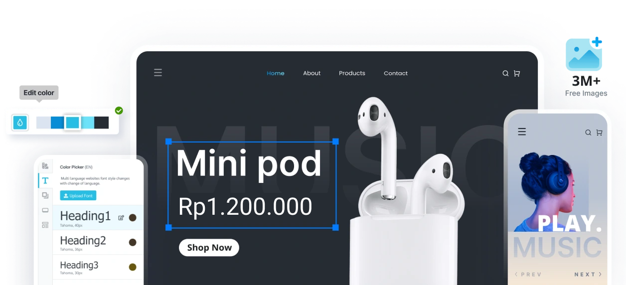 Introducing website design features with beautifully designed themes, a variety of website content presets, and various design tools that enable professional website design on the website builder MakeWebEasy.